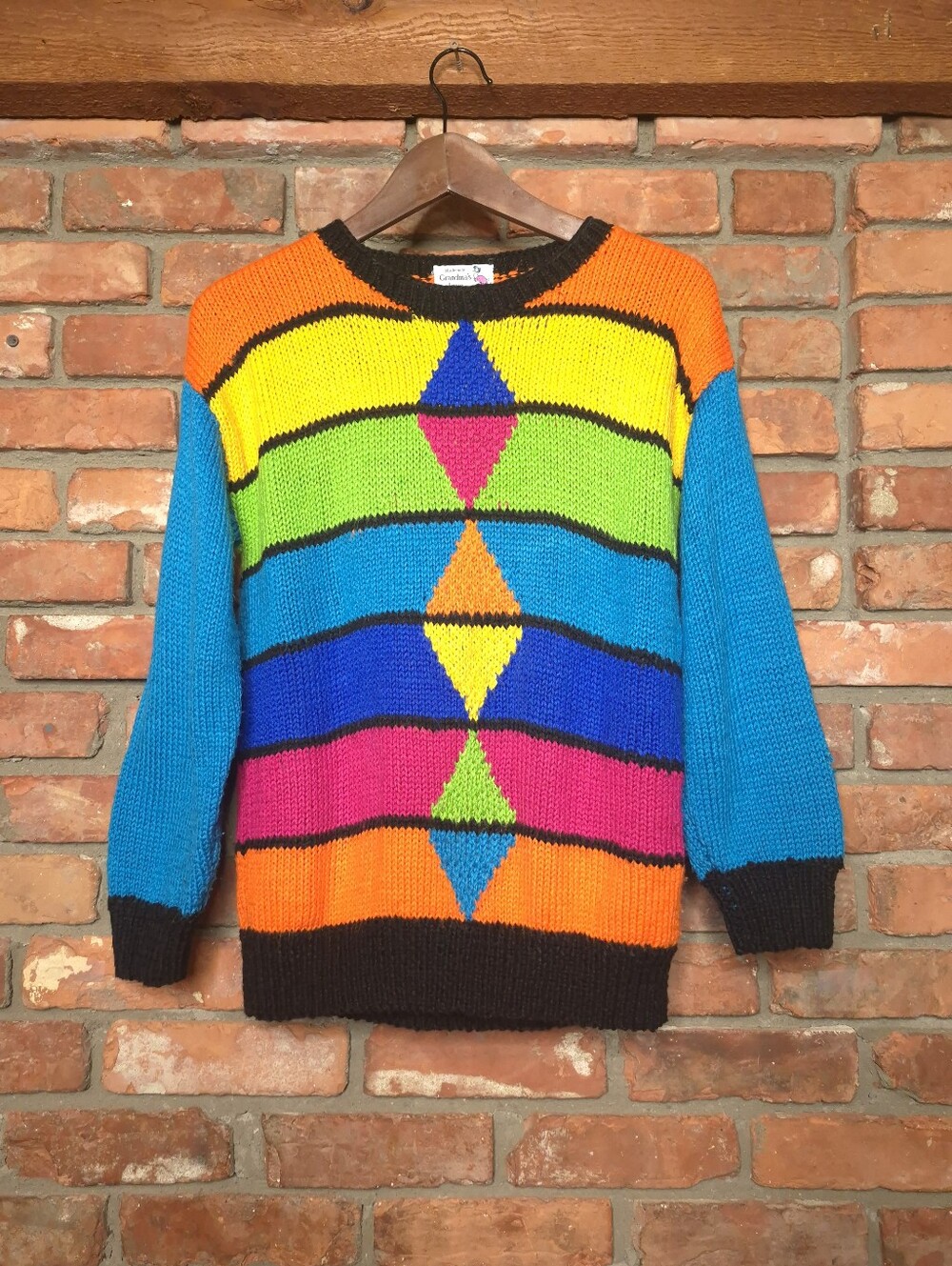 Hand Knit Rainbow Colorblock Sweater Geometric Diamond Chunky Knit Handmade